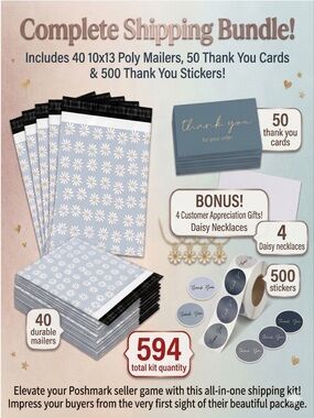40 Poly Mailers, 50 Cards & 500 Stickers Bundle + 4 Thank You Gifts